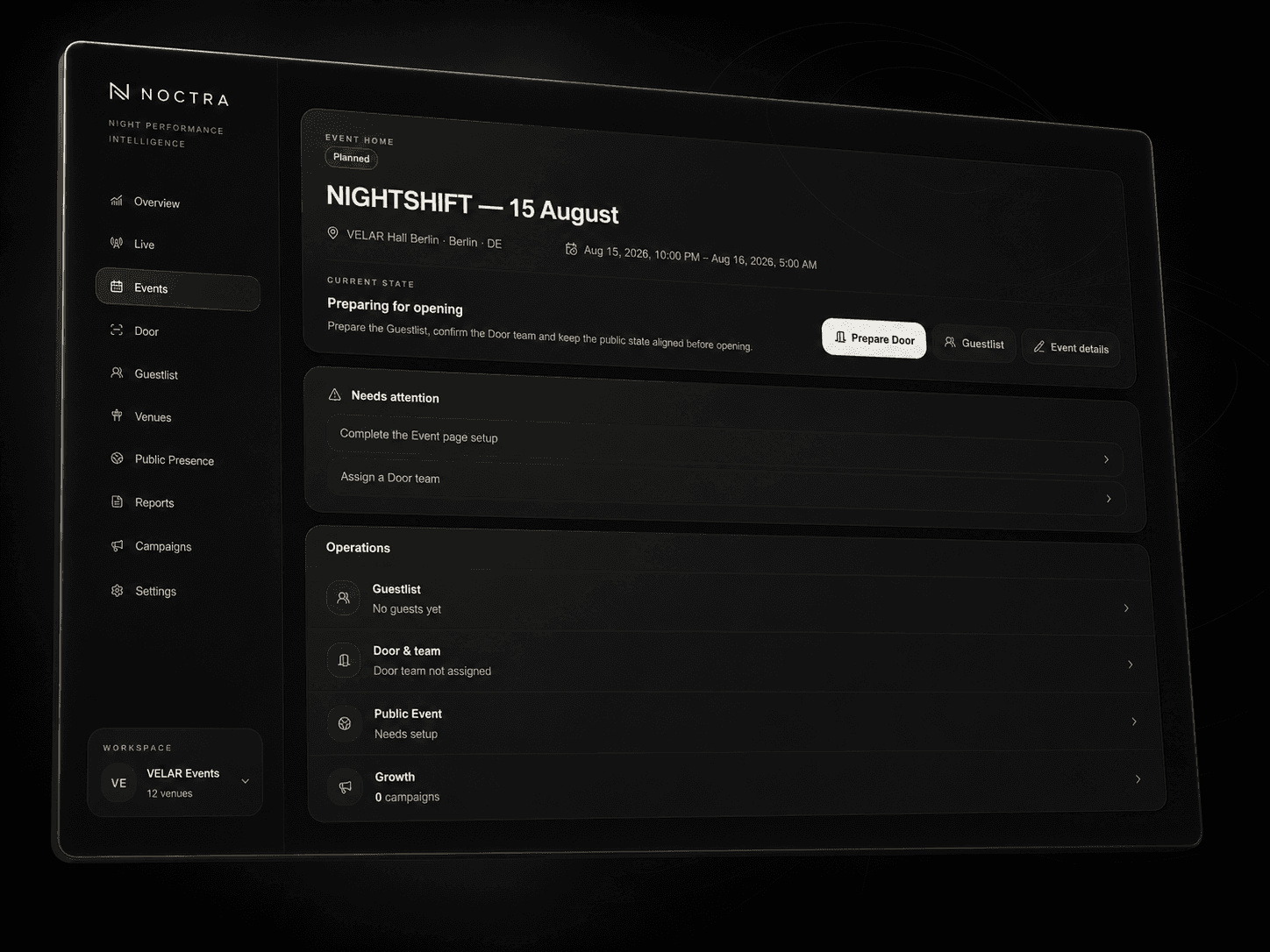NOCTRA Event Home for NIGHTSHIFT showing the current state and Event operations.