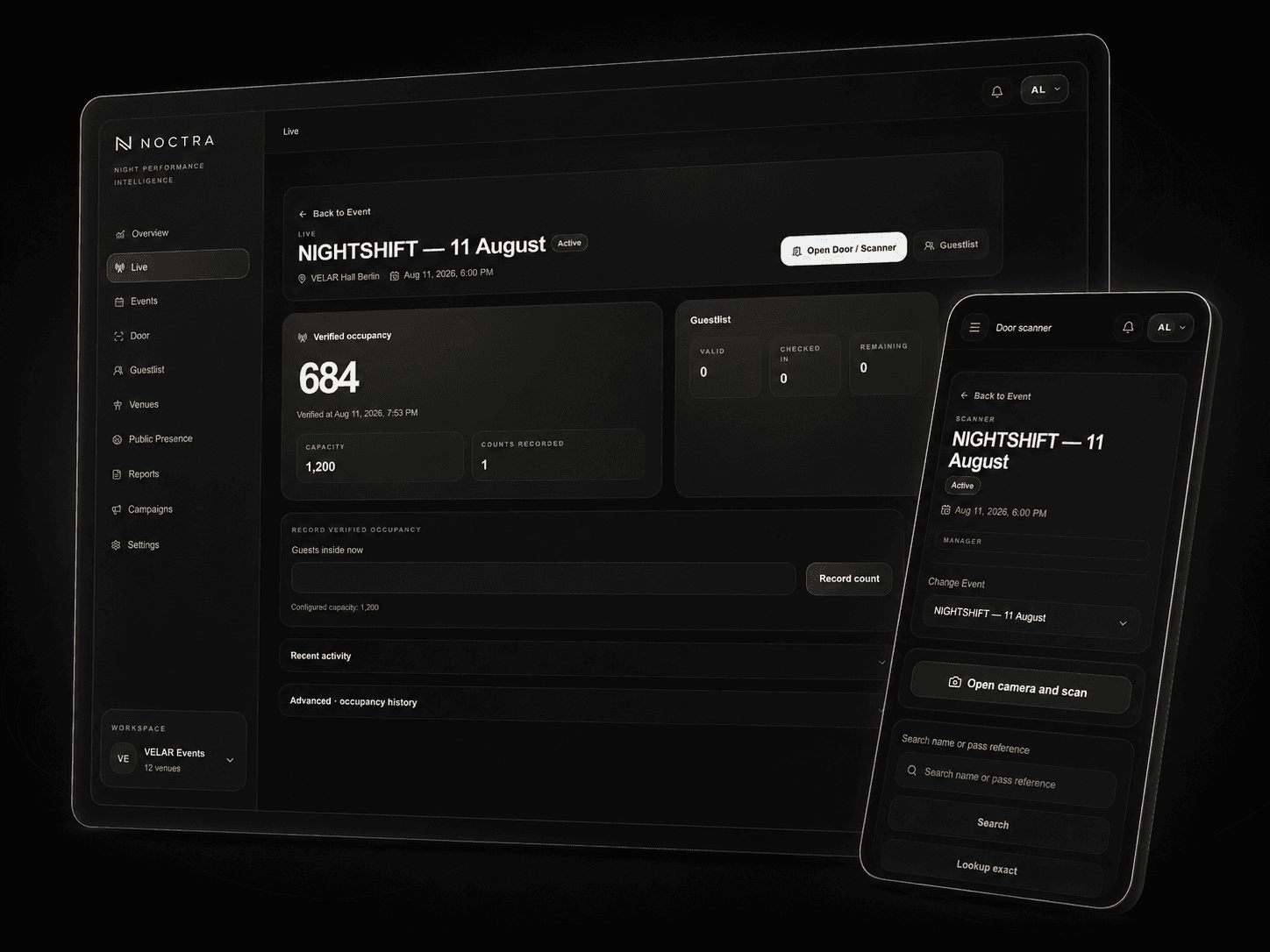 NOCTRA Live Command Center with verified occupancy and mobile Door Scanner.